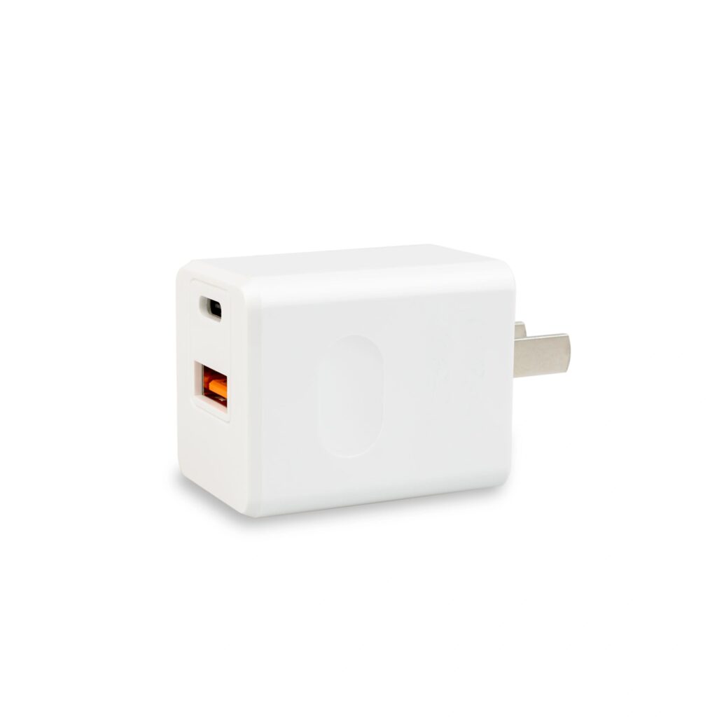 White USB‑C wall charger on white background (right view)
